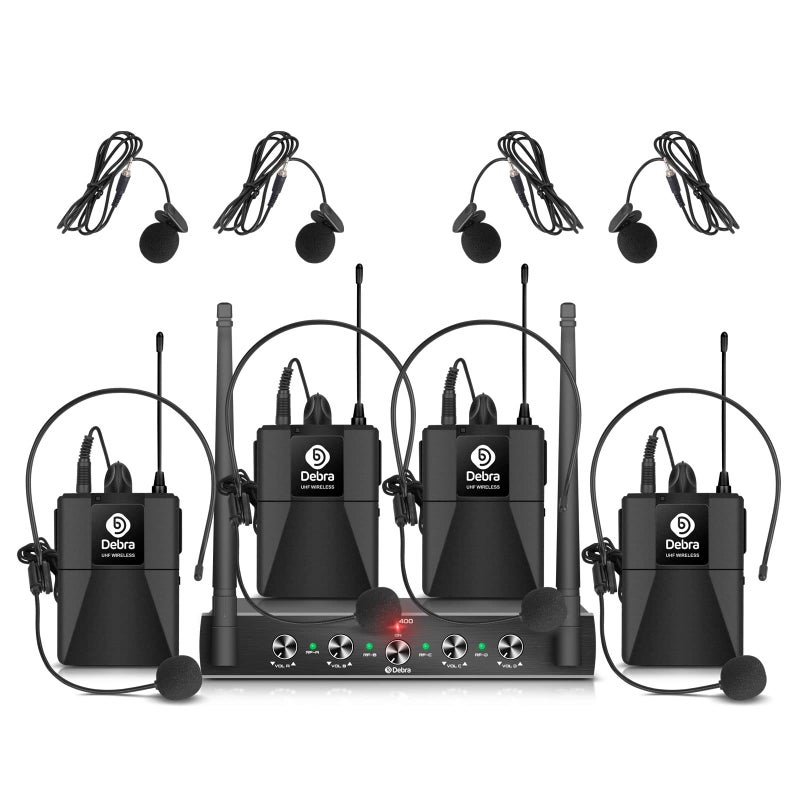 D Debra Audio AU400 Pro UHF 4 Channel Wireless Microphone System with Cordless Handheld Lavalier Headset Mics, Metal Receiver, Ideal for Karaoke Church Party (with 4 Bodypack (B)) - Image 1